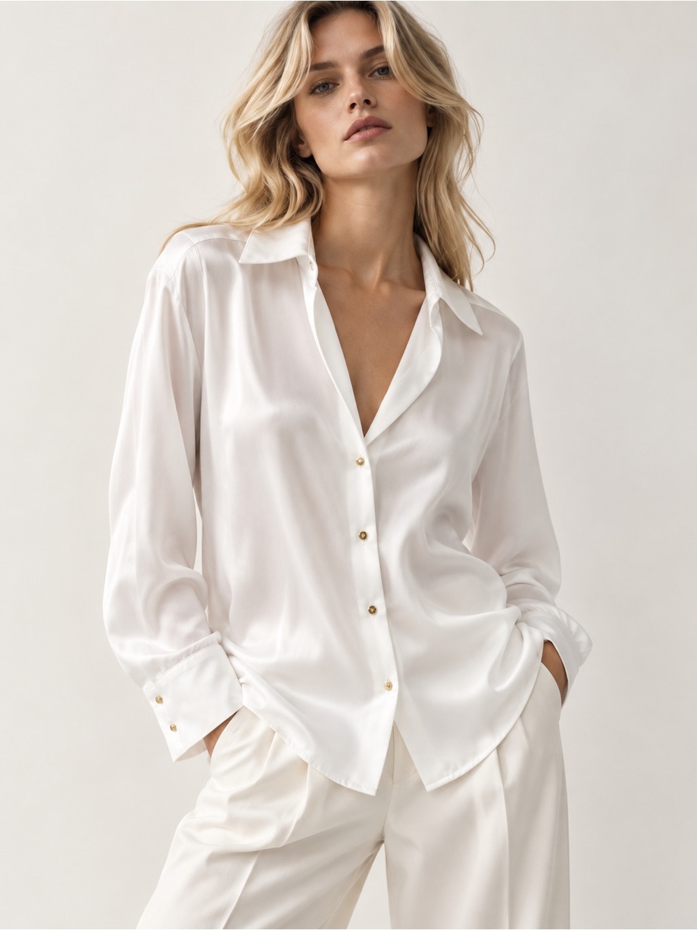 Zara White Satin relaxed silhouette Button-Down Shirt with Gold Buttons